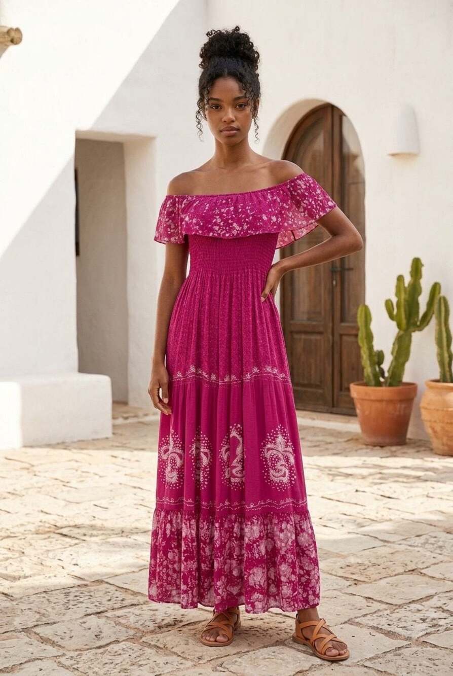 Advance Apparels Free Size Fuchsia Pink Off-Shoulder Maxi Dress - Picture 2 of 11